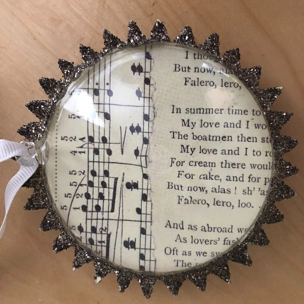 Vintage Sheet Music Glass Dimensional Snowflake Ornament - Lot of 4